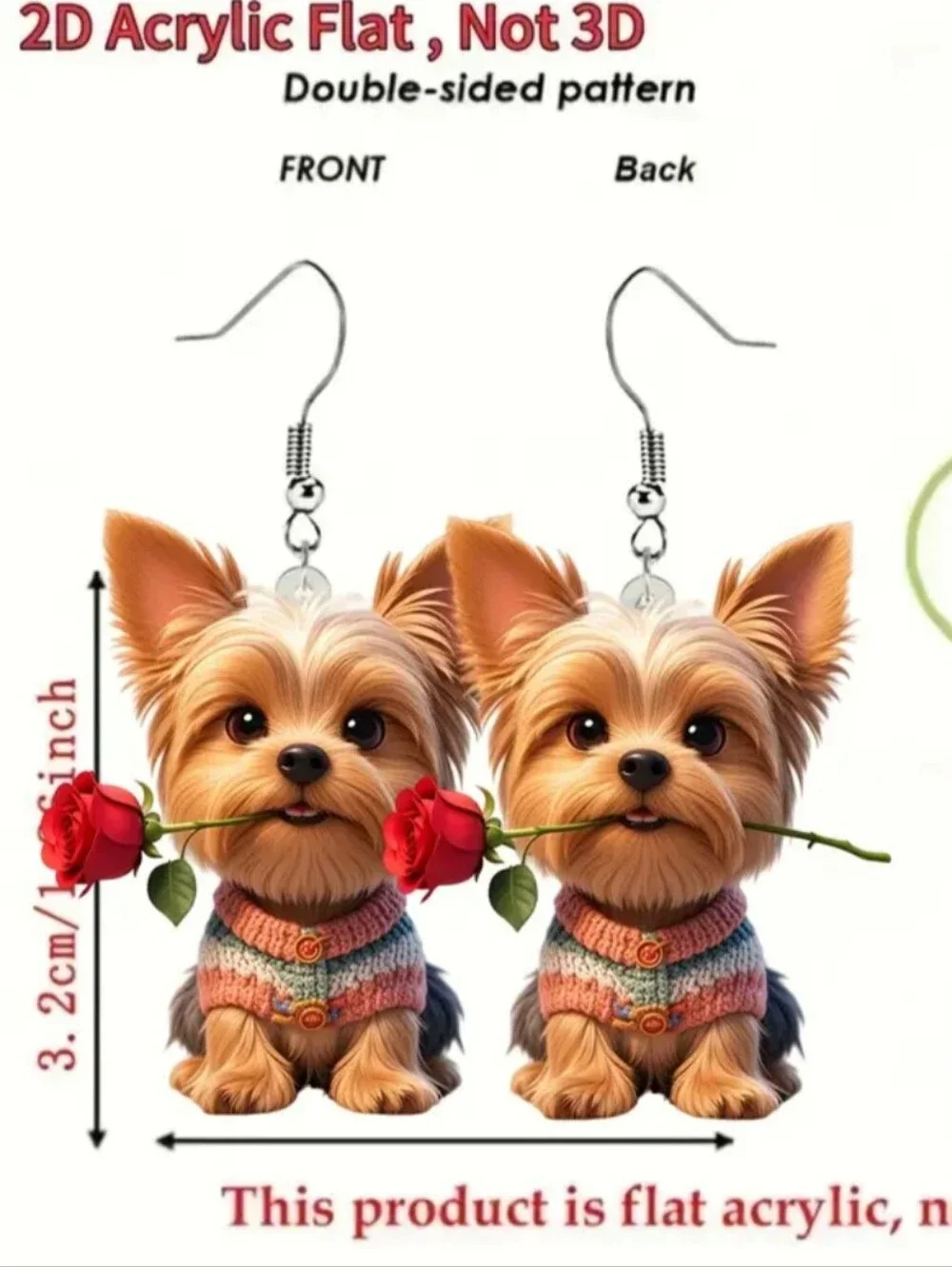 Hand Crafted Yorkie Puppy Earrings with Red Rose